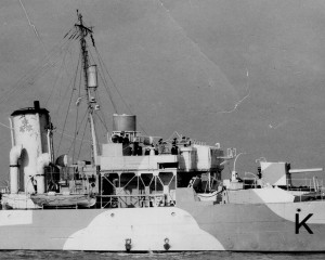 HMCS MAYFLOWER sported a triple maple leaf on her funnel. Roger Litwiller Collection, courtesy Ralph O'Brian. (RTL -ROB069)
