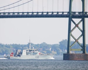 HMCS KINGSTON passes below the International Bridge at Johnstown, ON. Roger Litwiller photo.