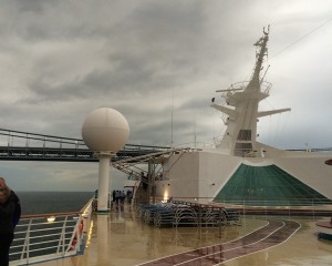 Explorer Of The Seas departing Newark on 1 Nov 2014, under grey skies, and rain.