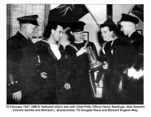 HMCS HALLOWELL's Bell is proudly displayed at the Mariners Park Museum in Prince Edward County.
