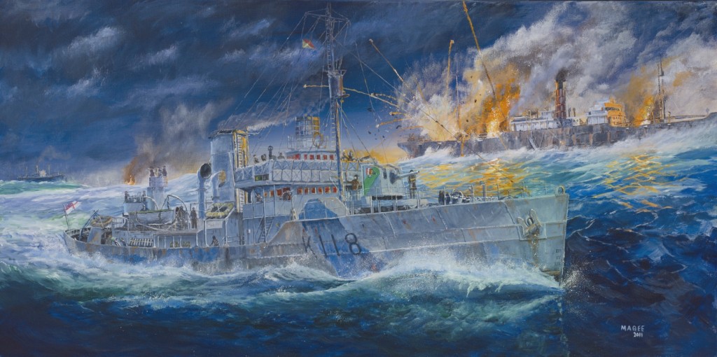 Marc Magee's painting of HMCS NAPANEE alongside the torpedoed tanker, SS Scottish Heather, during the Battle for Convoy ONS 154. Six RCN ships escorting 46 merchants ships. came under attack by 23 U-Boats in a seven day running battle across the Atlantic Ocean. Fourteen merchants ships were lost, killing 551 Canadian and Allied merchant sailors, another 564 were rescued. One German submarine was sunk, in the battle that began the day after Christmas 1942. 