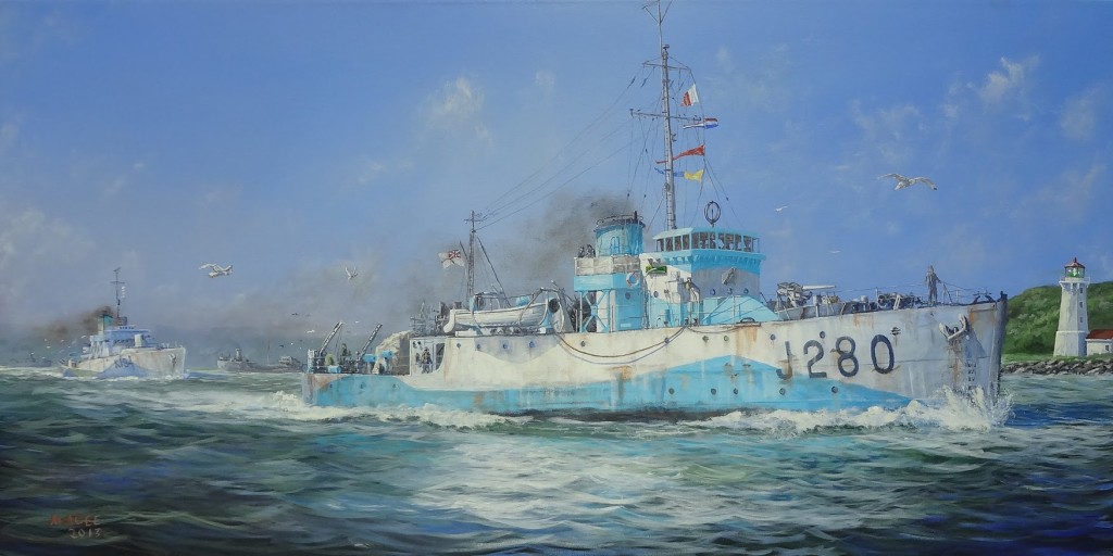 Marc Magee's painting of Bangor class minesweeper HMCS PORT HOPE and Flower class corvette HMCS FENNEL lead a convoy of merchants ships out to sea from the safety of harbour.