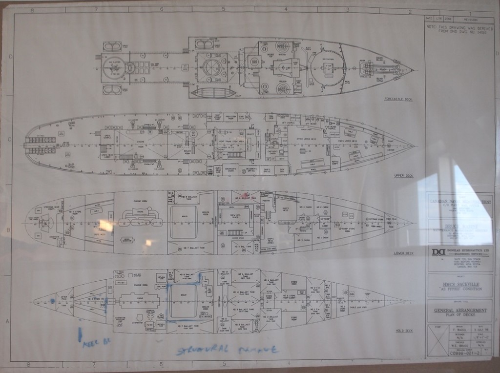 Deck plan of HMCS SACKVILLE in the Fleet Maintenance Facility, CAPE SCOTT in HMC Dockyard in Halifax. (RTL08917)
