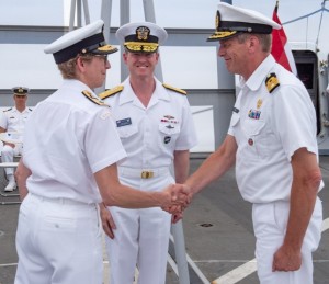 Commander of Standing NATO Maritime Group Two, Commodore JosÃ©e Kurtz assumes command from Outgoing Commander Commodore Boudejwijn Boots (right) with Presiding Officer, Rear-Admiral Andrew Lennon, US Navy at the Operational Handover Ceremony onboard His Netherlands Majestyâ€™s Ship EVERTSEN in Souda Bay, Greece during Operation REASSURANCE, June 15, 2019. Photo: MCpl Manuela Berger, Formation Imaging Services Halifax RP23-2019-0229-013