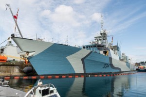 HMCS REGINA's Admiralty Disruptive Paint scheme is still being completed, but already she is looking fantastic. Photo courtesy CHEK News.