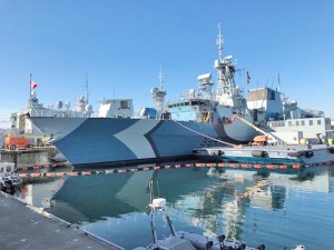 HMCS REGINA recieves her new Admiralty Disruptive Camouflage scheme while alongside at CFB Esquimalt. Fleet Maintenance Unit Cape Scott is perfoming the work. Photo courtesy of Cdr Landon Creasy, HMCS REGINA's Commanding Officer.