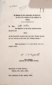 One of six letters signed by VAdm Kingsmill appointing PRINCE GEORGE's nurses into the RCN in 1914.