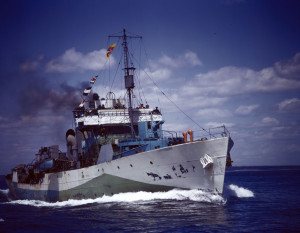 HMCS REGINA (1st) in her Western Approaches camouflage scheme. Censors have removed her pennant number. RCN Photo.