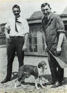 Banting and Best (Lt) with a dog on the roof of the Medical Building, University of Toronto. Photo courtesy of University of Toronto.