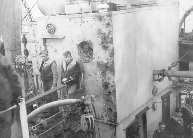 Monarchâ€™s radio compartment is riddled with splinter damage.  Roger Litwiller Collection, courtesy Bruce Keir, RCNVR. (RTL-BK096)