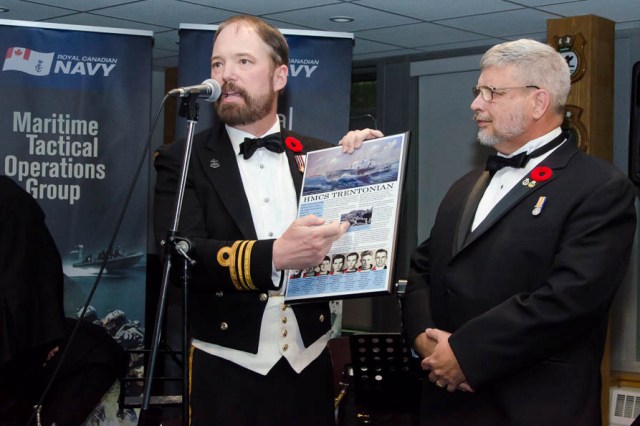 At the 2017 HMCS CATARAQUI Naval Ball on 3 November Roger presented a historical plaque on HMCS TRENTONIAN to the Naval Reserve Unit to be displayed with the exceptional model of the RCN Corvette. Photos courtesy Brian T. Lee -DND Photographer.