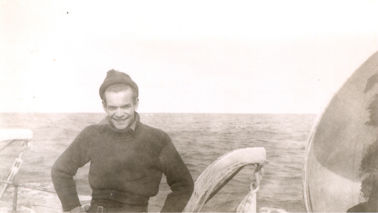 An unidentified RCN sailor in HMCS TRENTONIAN while the corvette is crossing the Atlantic Ocean to join the invasion in April 1944.  He is standing above the port side depth charge throwers.
Roger Litwiller Collection, courtesy of Jack Harold, RCNVR. (RTL-JH069)