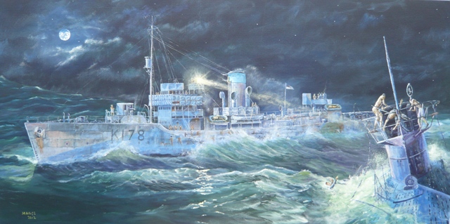 Canadian Artist Marc Magee's painting of HMCS OAKVILLE's battle with U94 in the Caribbean, eventually ramming and boarding the submarine before she sank on 28 August 1942. Painting courtesy of Marc Magee.