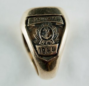 In 1994, on the 50th anniversary of their Grey Cup victory, team members were given their Grey Cup Champion ring with the RCN (Royal Canadian Navy) insignia. This is the ring given to John Crncich. COLLECTION: JOHN CRNCICH, THE MEMORY PROJECT, HISTORICA CANADA