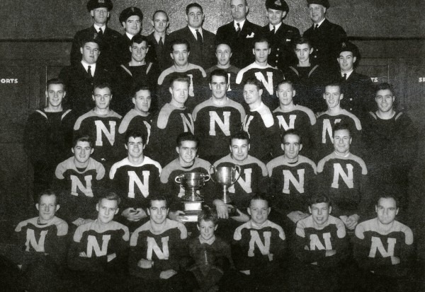 The 1944 Grey Cup Champion Team, the Navy Combines from HMCS DONNA CONNA and HMCS ST. HYACINTHE in Quebec.
Left to Right, first row: