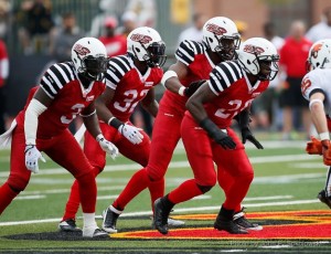 The Hamilton Tiger-Cats honoured their wartime heritage by wearing the Flying Wildcats uniforms during a game on Sept 7, 2013, defeating the BC Lions 37-29 at Alumni Stadium. Photo/mandatory credit John E. Sokolowski