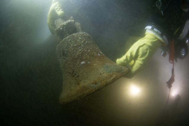 The Bell from HMCS TRENTONIAN recovered from the wreck. Rick Ayrton photo.