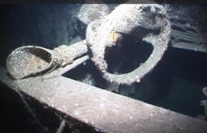 Canadian Navy ships were commanded and fought from their bridge. This is TRENTONIAN's bridge with a brass voice pipe that once carried commands to the helmsman below and the empty bracket that once held the ship's compass. highly prized by souvenir divers. 