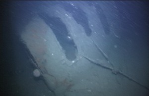 HMCS TRENTONIAN's Gunshield as it is on the wreck. A cable can be seen attached to the openings for the gun to pull it off the gun. The gun itself appears to have been removed from the wreck.