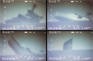 The final moments of HMCS HURON, Iroquois class destroyer intentionally sunk for target practice by live fire from RCN ships, and RCAF aircraft. RCN Photo