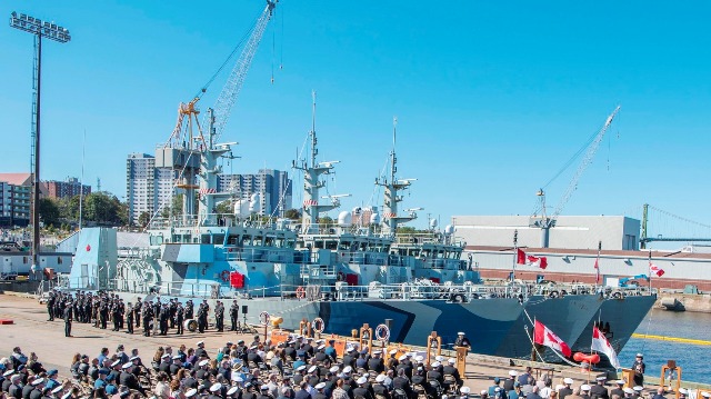 The Royal Canadian Navy (RCN) conducted a paying off ceremony of five Halifax based Kingston-class Maritime Coastal Defence Vessels (MCDVs), on 3 October 2025 at HMC Dockyard Halifax, Jetty NB.  HMC Ships Shawinigan, Summerside, Goose Bay, Glace Bay and Kingston were paid off, during a formal naval ceremony to recognize and celebrate their long and distinguished service. Photo by Mona Ghiz, MARLANT Public Affairs. 20251003HSX0311D006	© 2025 DND – MDN Canada