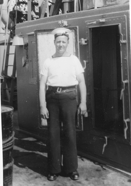 Max Bernays serving in HMCS MATAPEDIA as a young Bosun in 1941. Bernays was Awarded the Conspicuous Gallantry Medal for his heroic actions in ASSINIBOINE's sinking of U-210 on 6 Aug 1942. The Royal Canadian Navy's third AOPS will be named in his honour. Roger Litwiller Collection, courtesy William Belling, RCNVR. (RTL-WB031)