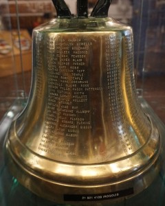 HMCS IROQUIOS's bell engraved with the names of the children baptized on board the destroyer. Roger Litwiller photo.