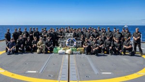 "The crew of His Majesty's Canadian Ship Margaret Brooke pose for a group photo to document the ship's first interdiction of illicit trafficking during Operation CARIBBE on 7 February 2024, in the Caribbean Sea. Credit: Canadian Armed Forces Photo.