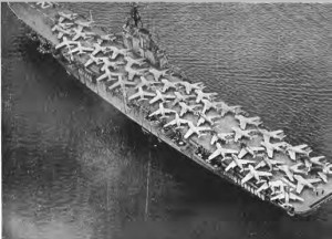 HMCS MAGNIFICENT with deck load of RCAF Sabre's embarked. Photo -Crowsnest Magaxzine