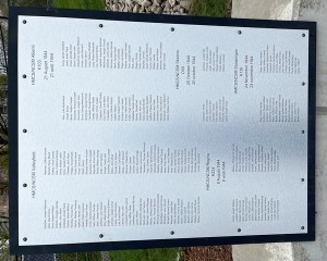 Honour Roll Panel at the Battle Of The Atlantic Memorial in London, ON. This panel has the names of the RCN sailors killed in HMCShips Regina and ALBERNI. Roger Litwiller Photo.